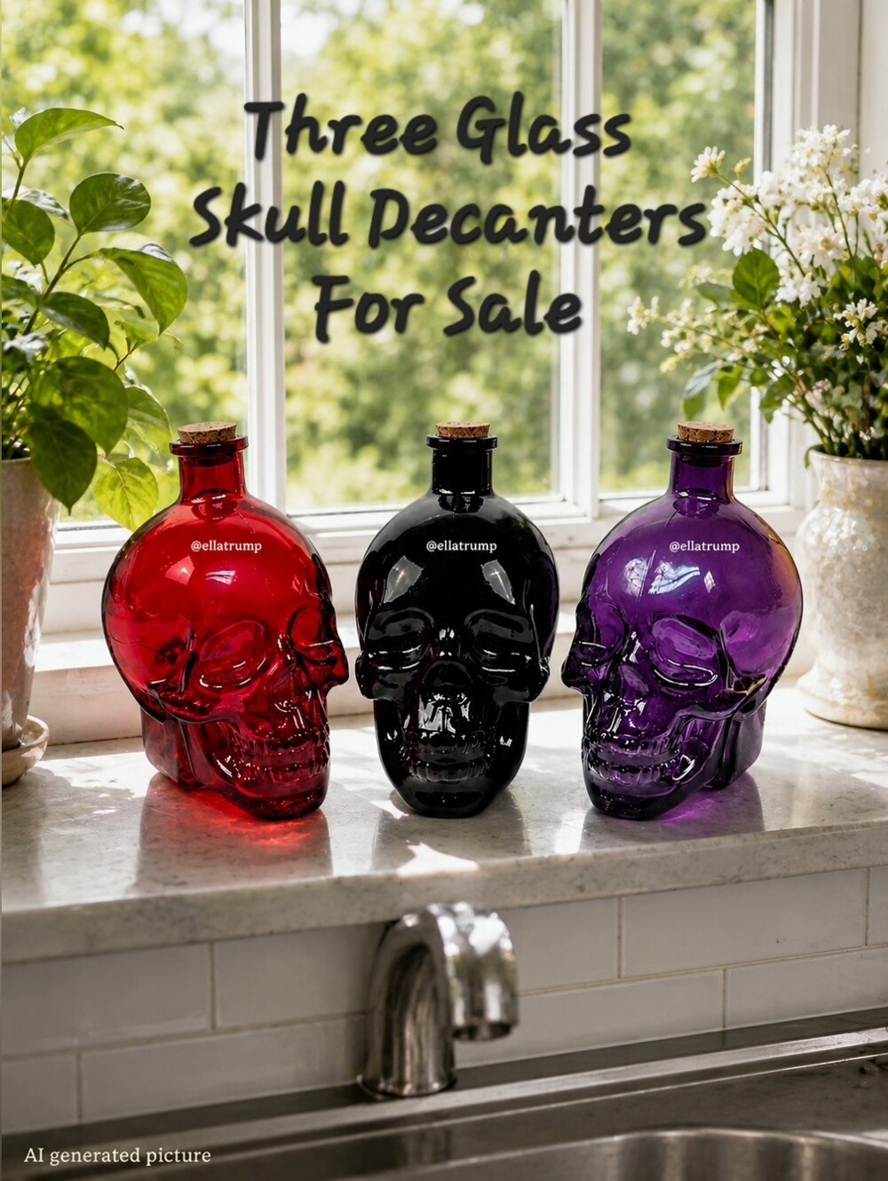 Glass Skull Bottle Apothecary Jar Vodka Decanters Set Of 3